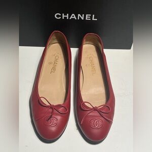 CHANEL Red Leather Loafers